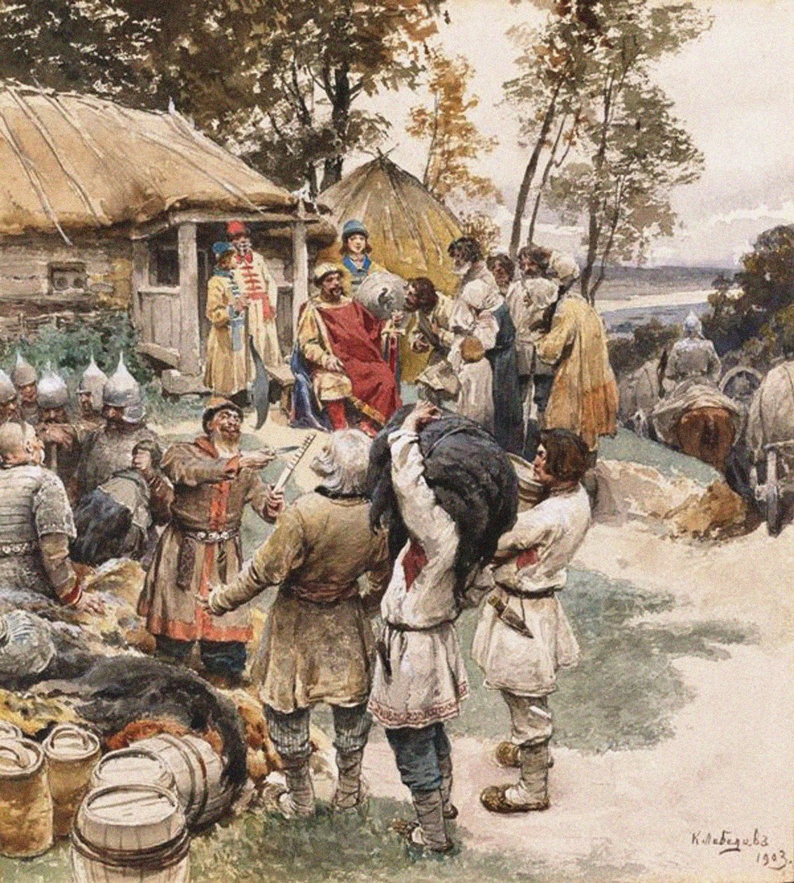 Hołd dla Poliudie Collecting. Igor z Kijowa Exacting Tribute from the Drevlyans, 1903 autorstwa Klavdiy Vasilievich Lebedev