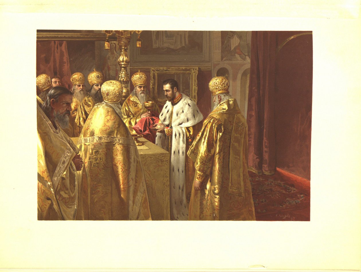 Ceremonia koronacyjna Mikołaja II. Eucharystia, 1899 autorstwa Klavdiy Vasilievich Lebedev