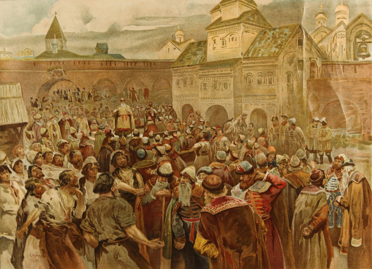 Veche w republice nowogrodzkiej, 1907 autorstwa Klavdiy Vasilievich Lebedev