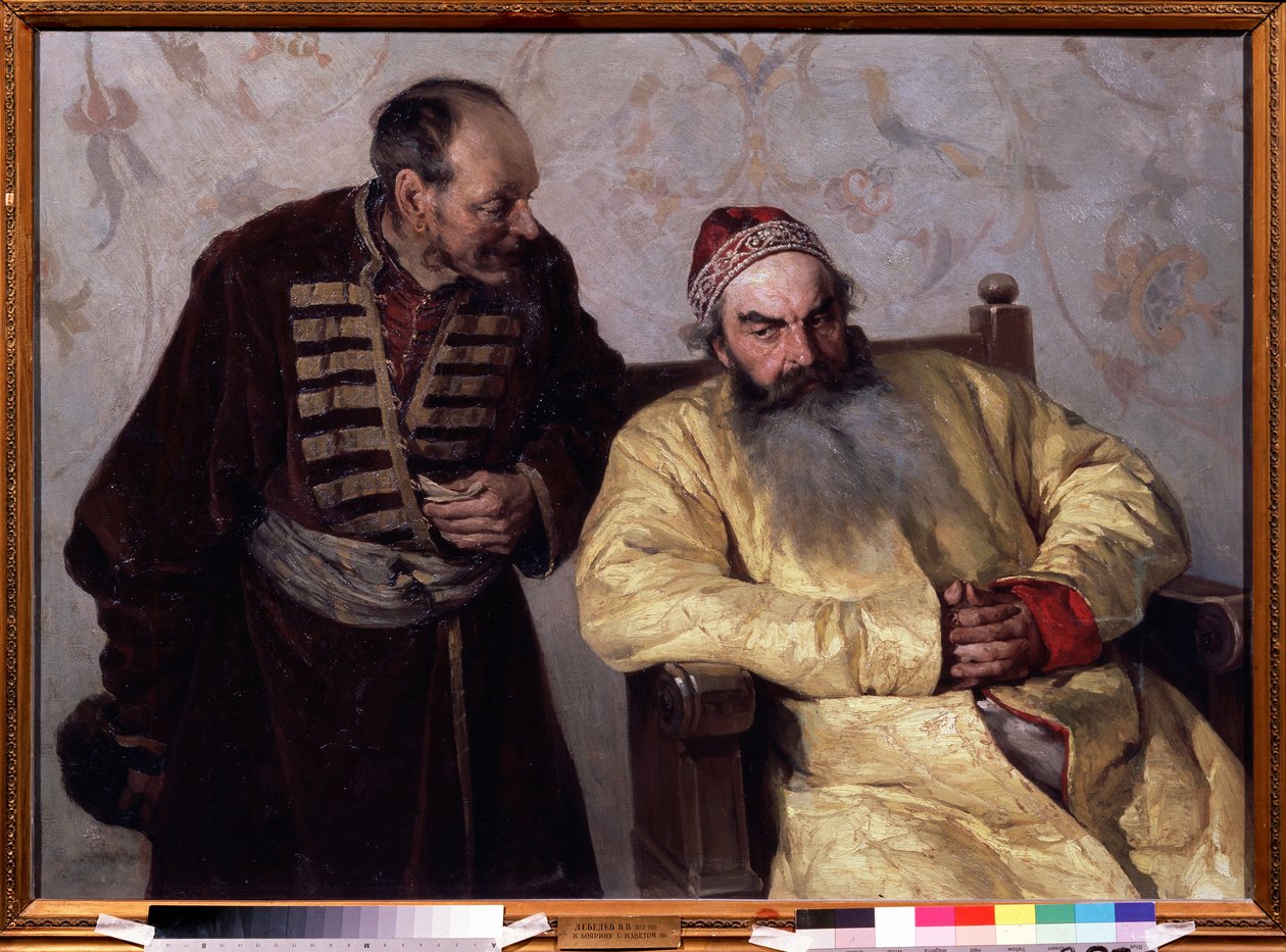 Une denunciation au Boyar (Boiard, Boiar) (Bojarowi z wypowiedzeniem). W niespokojnych czasach (1598-1613) za panowania cara Iwana IV Groźnego (1530-1584) w Wielkim Księstwie Moskiewskim rozmawiał z nim mężczyzna trzymający w ręku złożony papier. autorstwa Klavdiy Vasilievich Lebedev
