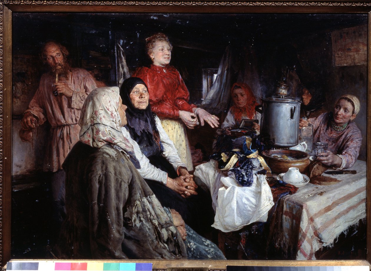 Wizyta w domu (Wizyta domowa). Obraz Klavdi Vasilyevich Lebedev (1852-1916), olej na płótnie autorstwa Klavdiy Vasilievich Lebedev