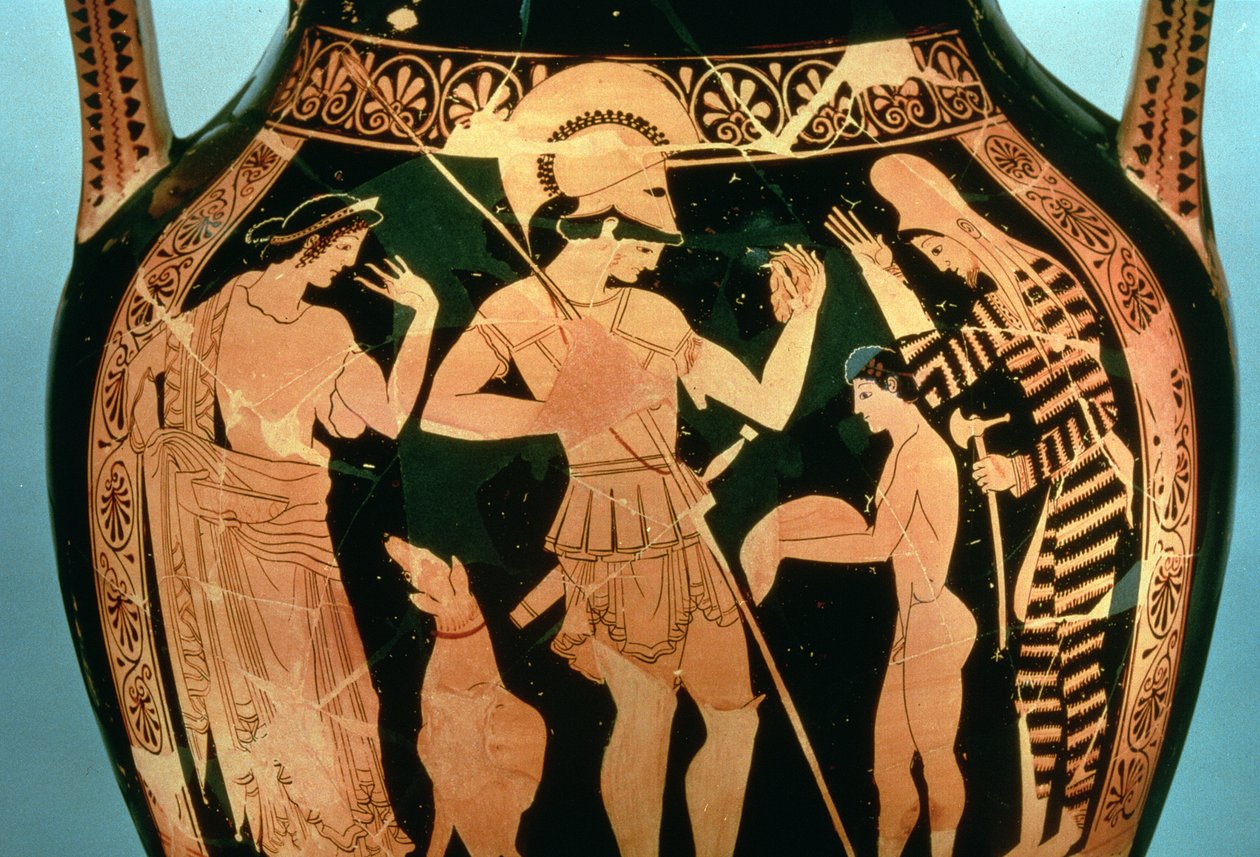 Attic Red figura wazon przedstawiająca żołnierza biorącego udział w rytuale wróżenia przed walką, 490-480 p.n.e. autorstwa Kleophrades Painter