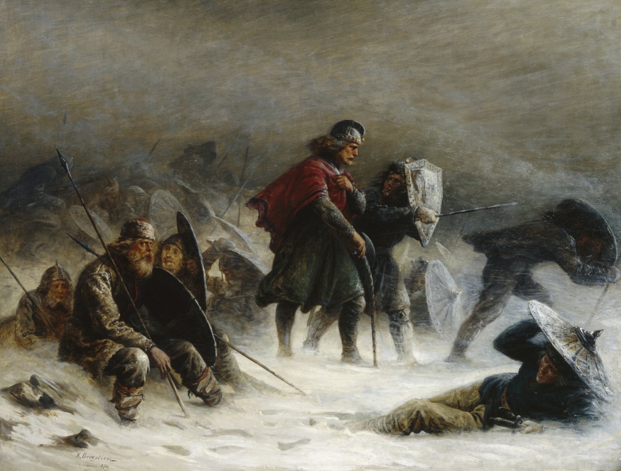 Król Sverre podczas zamieci w górach Voss autorstwa Knud Bergslien