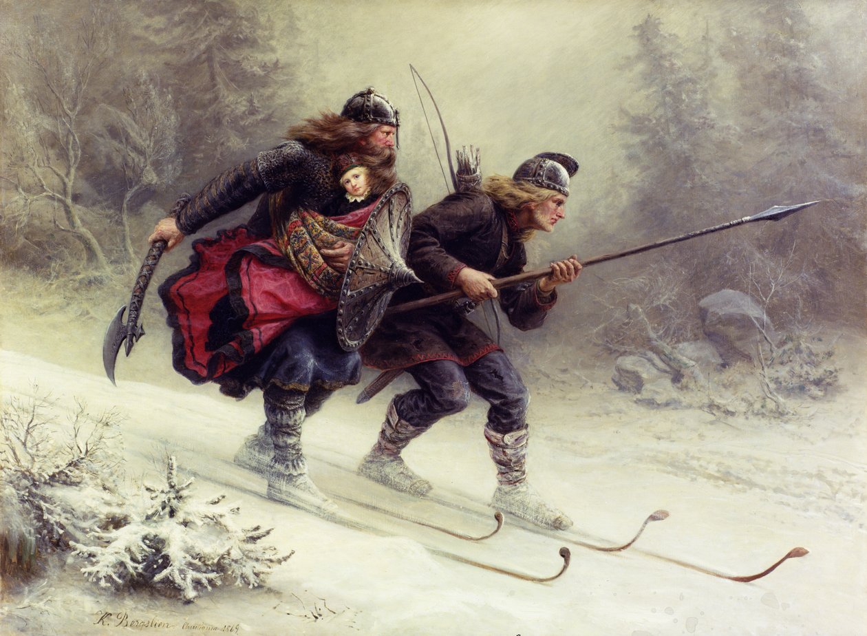 Żołnierze króla Norwegii Sverre, Torstein Skevla i Skjervald Skrukka niosący syna króla Hakona Hakonssona autorstwa Knud Bergslien