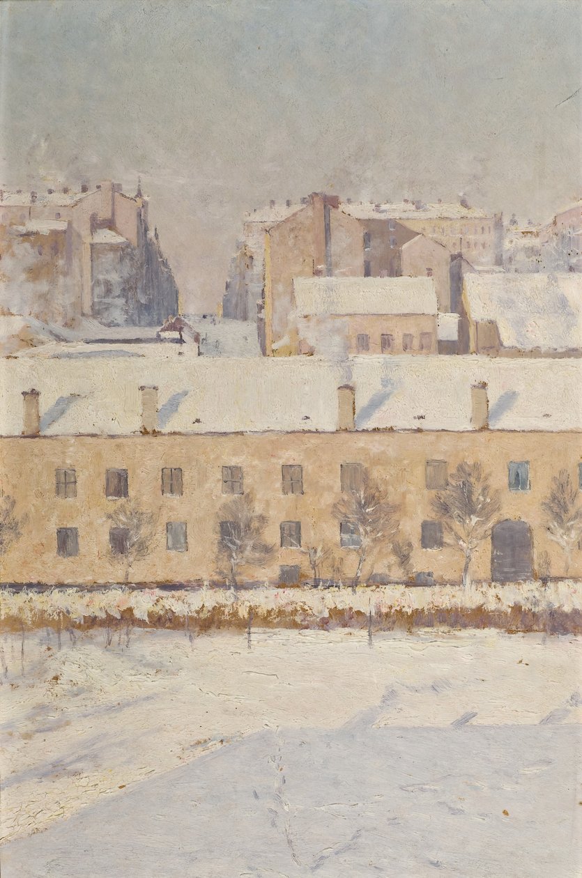 Zimowa scena. Motyw z południowego Sztokholmu, 1886 (olej na papierze) autorstwa Knut Axel Lindman