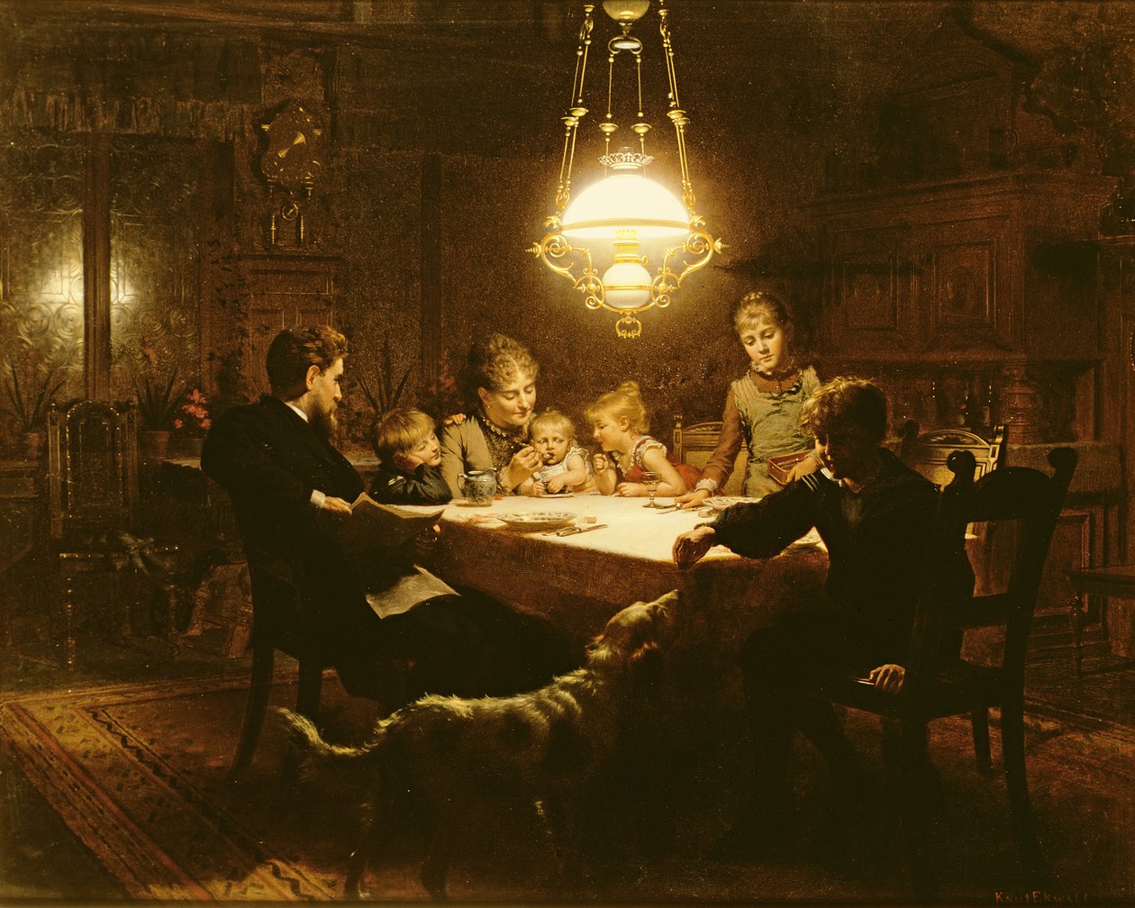 Rodzinna kolacja w świetle lampy, XIX w. autorstwa Knut Ekvall