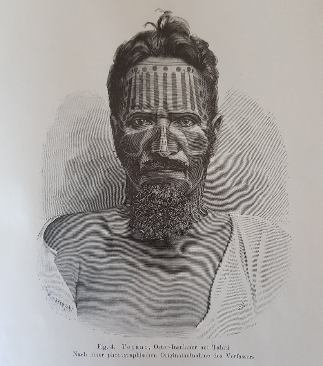Juan Tepano, ilustracja z „O tatuowaniu wyspiarzy wielkanocnych”, autorstwa Hjalmara Stolpe autorstwa Knut Hjalmar (after) Stolpe