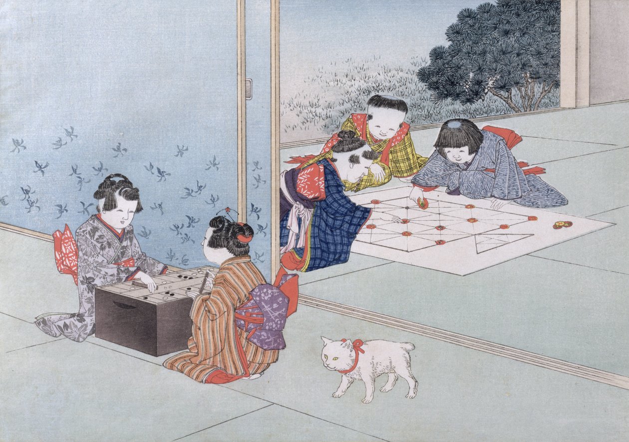 Tryktrak i Musashi z serii „Gry dla dzieci”, 1888 (kolorowy drzeworyt) autorstwa Kobayashi Eitaku