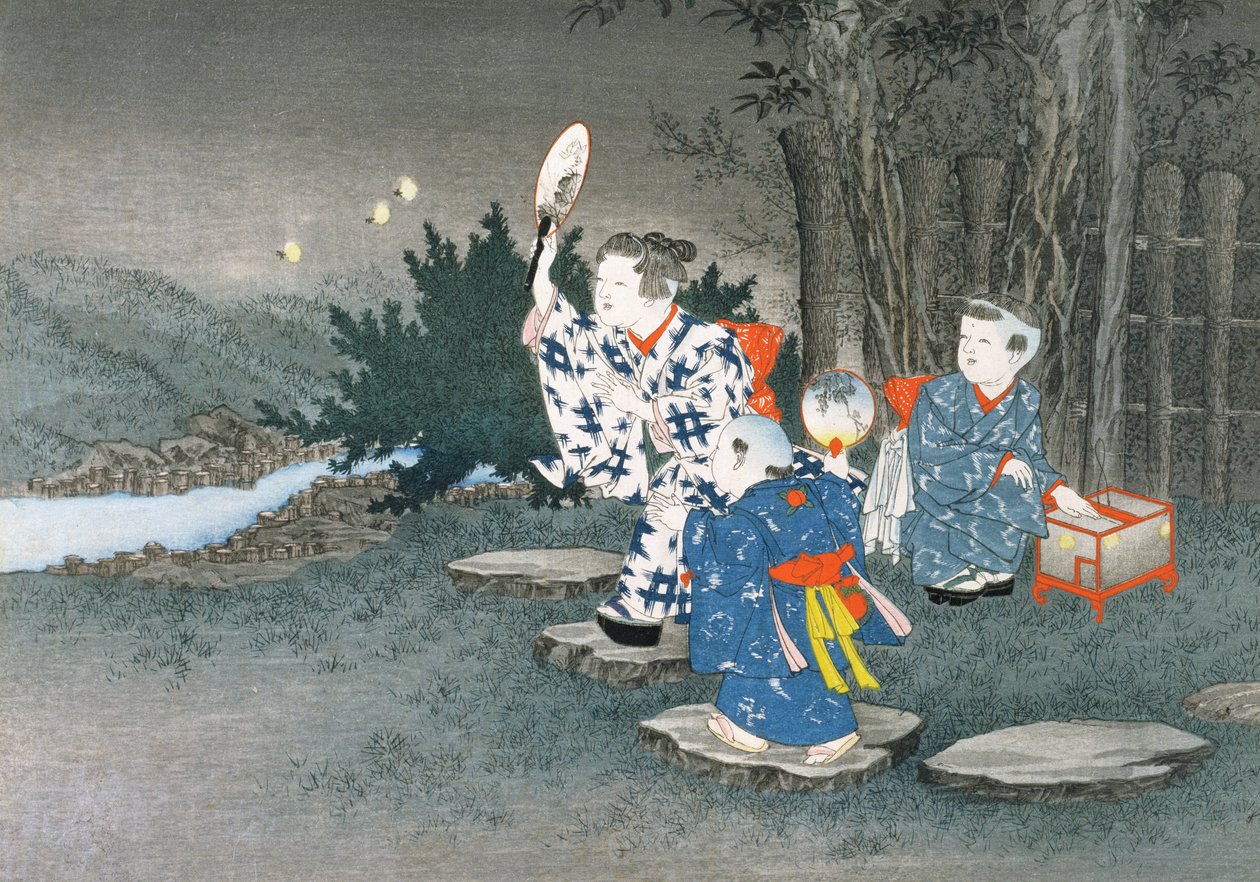 Łapanie świetlików z cyklu „Zabawy dla dzieci”, 1888 (kolorowy drzeworyt) autorstwa Kobayashi Eitaku