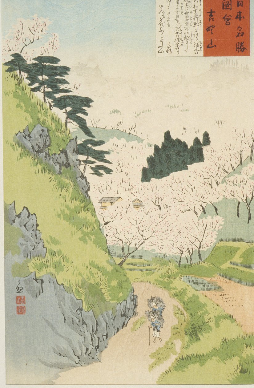 Góra Yoshino, Kwitnąca Wiśnia lub Yoshino yama z Szkiców znanych miejsc w Japonii, 1897 (kolorowy drzeworyt) autorstwa Kobayashi Kiyochika