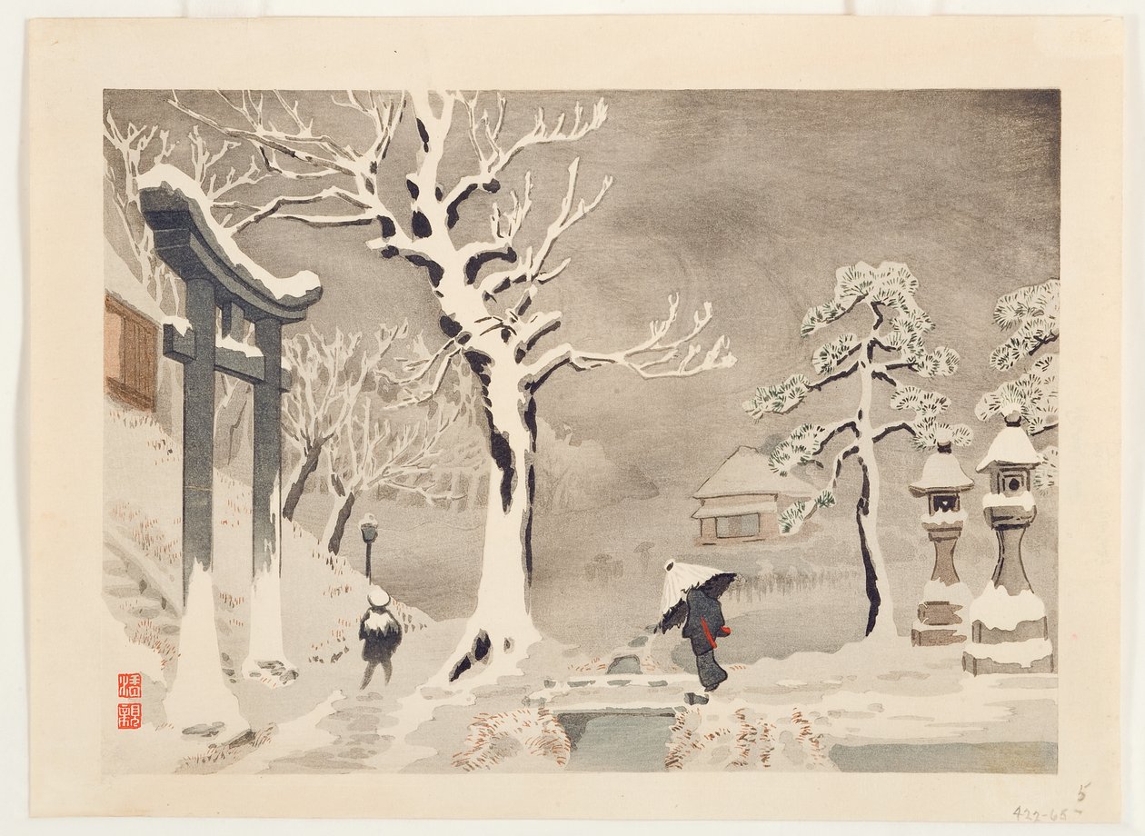 Śnieżna scena pod nabrzeżem w Mimeguri Shrine, Mukojima, ok. 1915 (drewniak) autorstwa Kobayashi Kiyochika