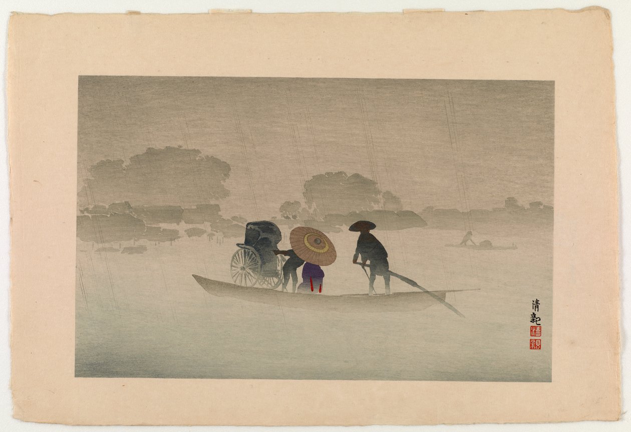 Prom Takeya w Matsuchichiyama w wiosenny deszcz, 1929 (kolorowy drzeworyt) autorstwa Kobayashi Kiyochika