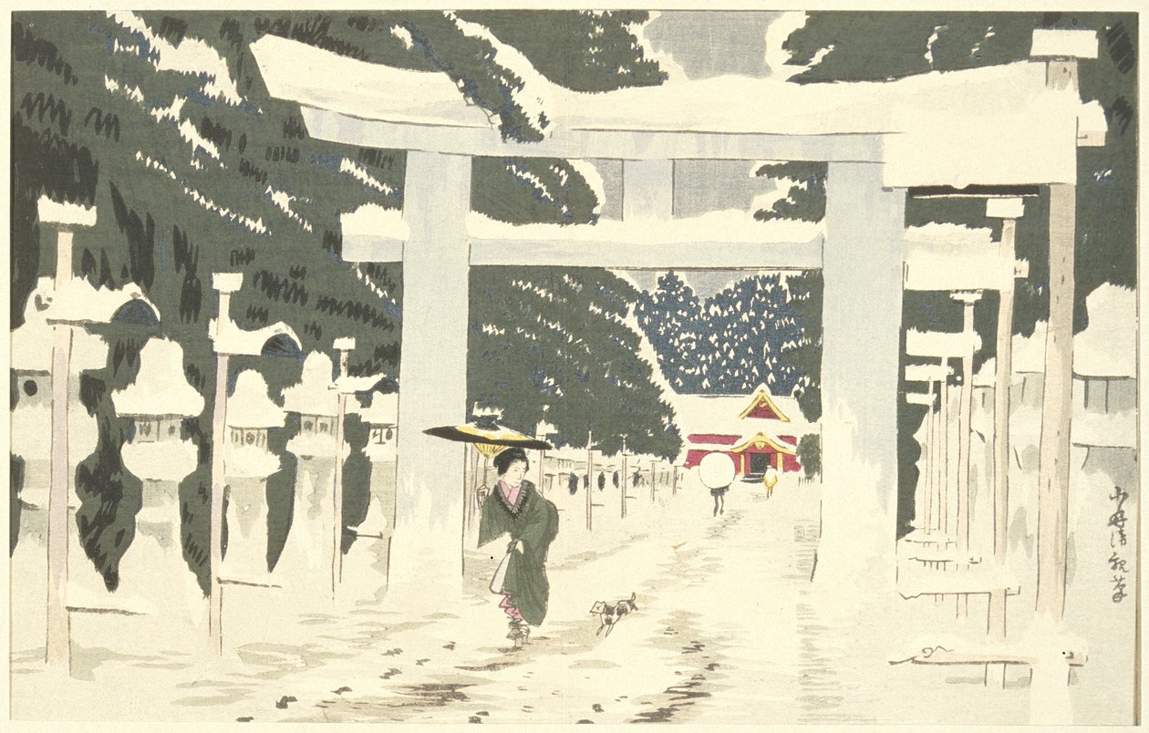 Obfite opady śniegu przy świątyni Tōshōgū w Ueno autorstwa Kobayashi Kiyochika