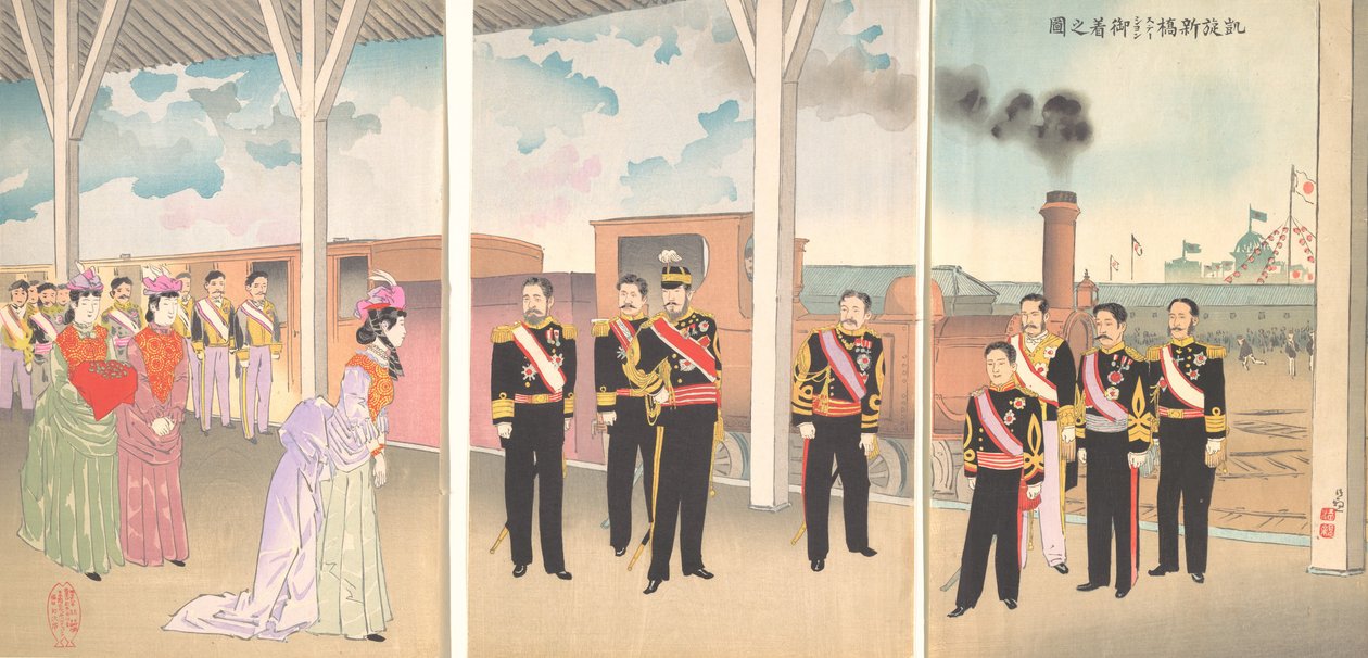 Ilustracja przedstawiająca przybycie cesarza na stację Shinbashi w ślad za triumfem zwycięstwa..., 1895. autorstwa Kobayashi Kiyochika