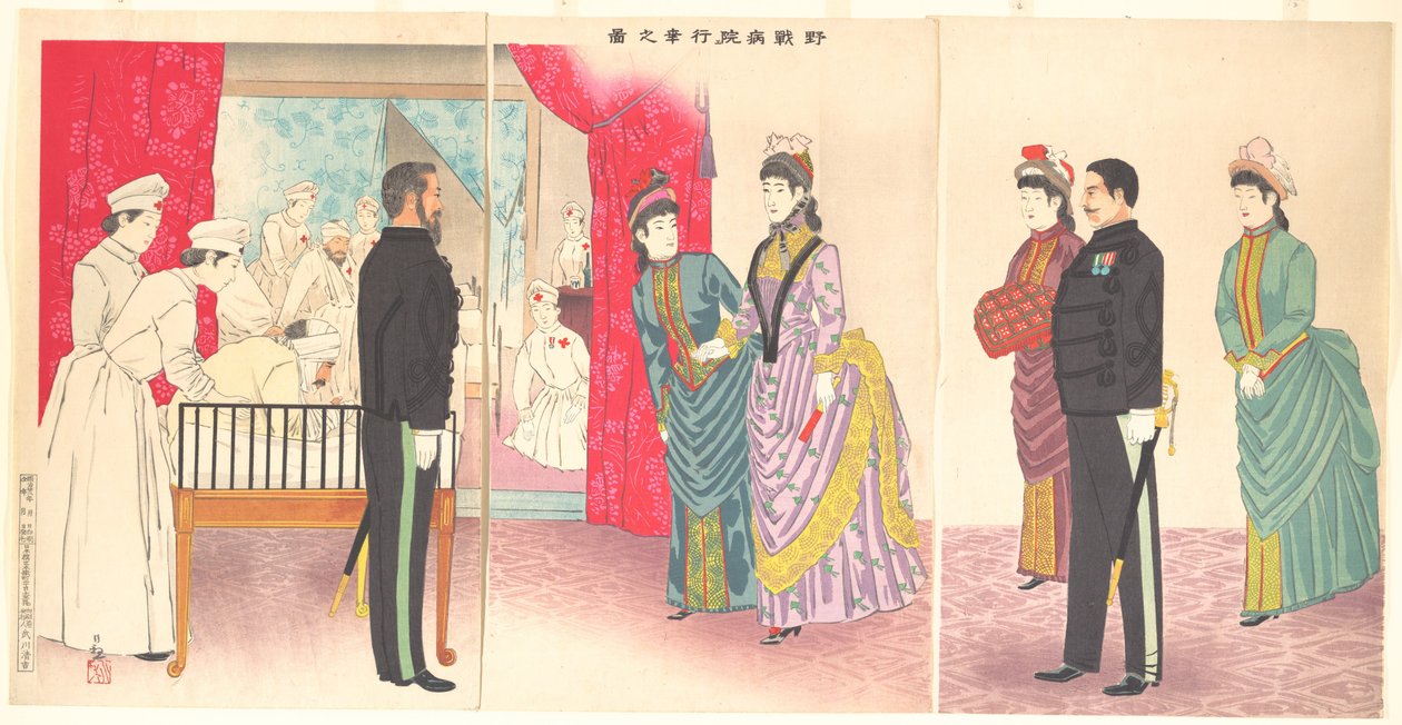 Ilustracja przedstawiająca cesarzową odwiedzającą szpital polowy [w Hiroszimie] (Yasen byōin gyōkō no zu) autorstwa Kobayashi Kiyochika