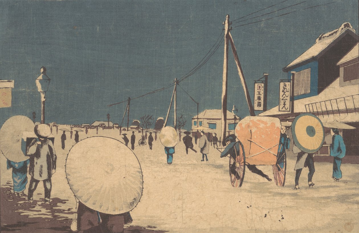Scena uliczna na obrzeżach Edo w zimowy wieczór, ok. godz. 1878. autorstwa Kobayashi Kiyochika