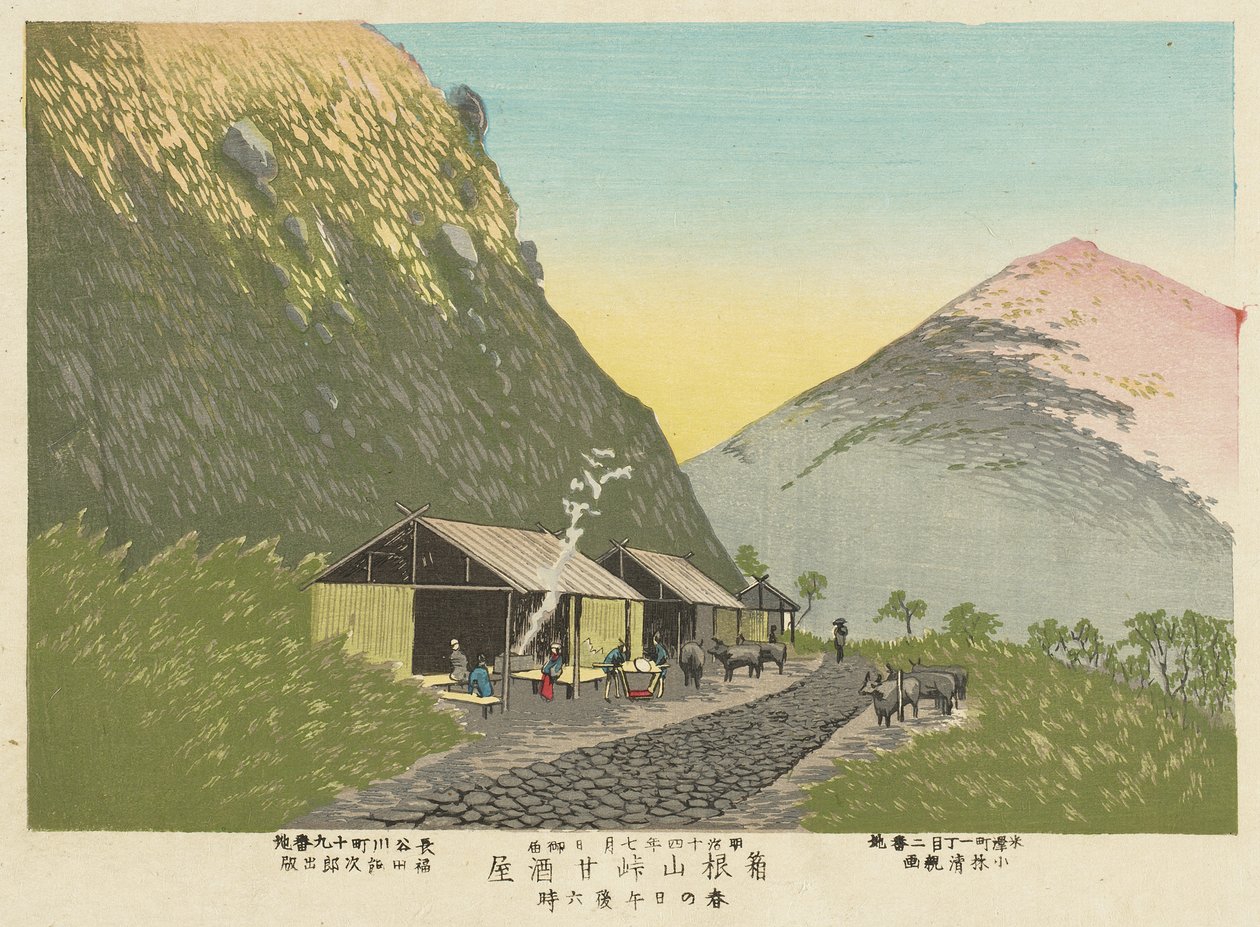 Dom słodkiego sake u podnóża góry Hakone, godz. 18:00 w wiosenny dzień autorstwa Kobayashi Kiyochika