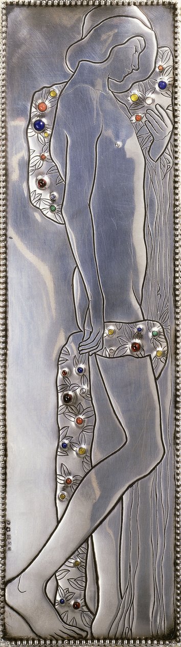 Wstawka do łóżka pojedyncze Wiener Werkstatte malowane na biało, przedstawiające nagą androgyniczną postać (detal), ok. 1904 (srebro, lapis lazuli, kamienie księżycowe, malachit, koral, drewno) autorstwa Koloman Moser