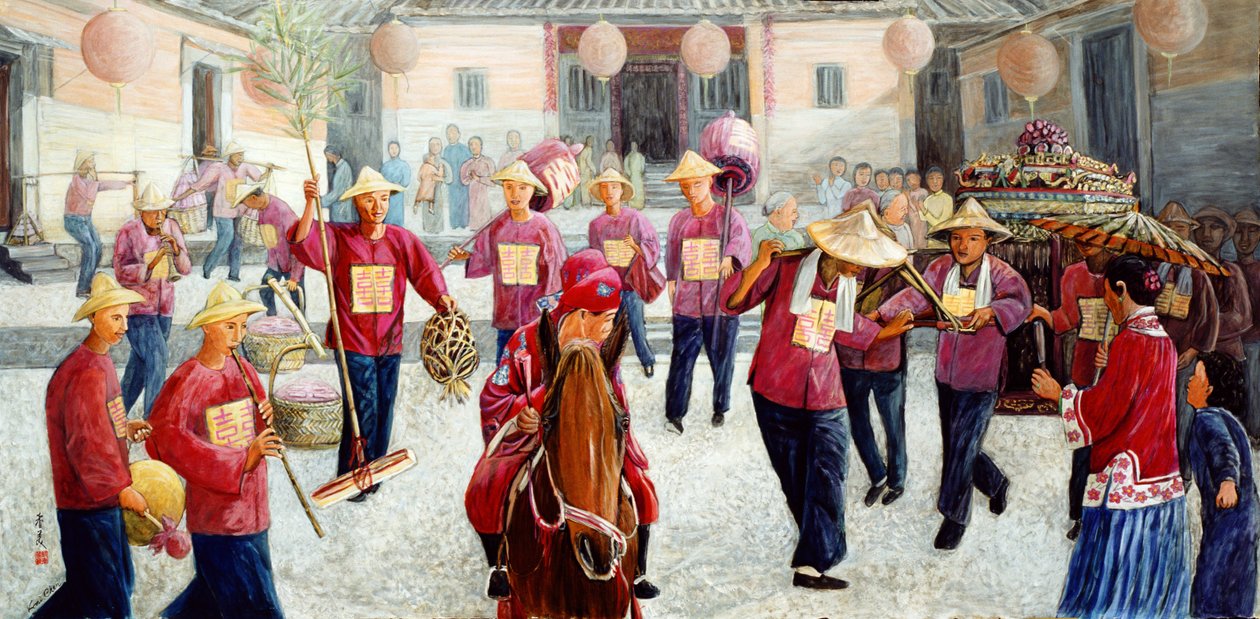 Wesele tradycyjne, 1997 (gwasz na jedwabiu) autorstwa Komi Chen
