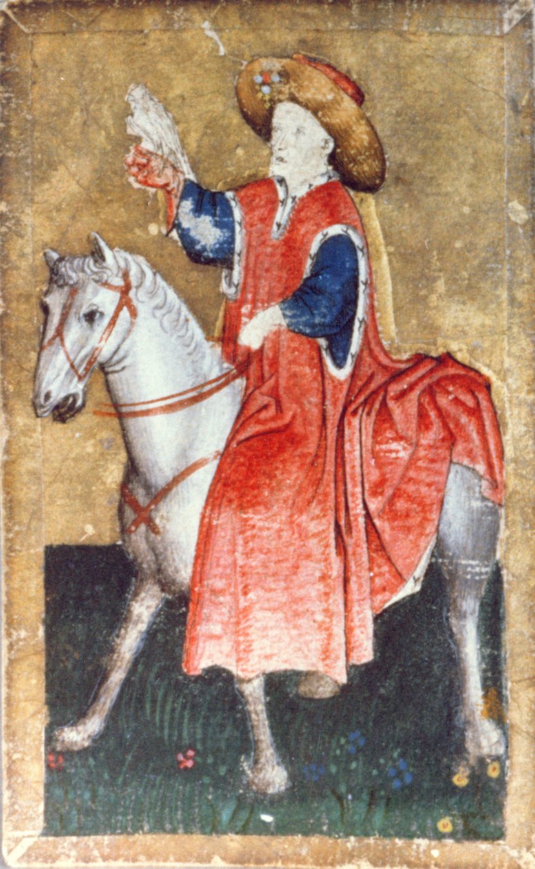 Sokolnik na koniu, jedna z kart do gry przedstawiających sceny dworskiego sokolnictwa, obszar Górnego Renu, ok. 1440-45 (pióro i atrament, wc) (zob. także 87698 i 88300-03) autorstwa Konrad Witz