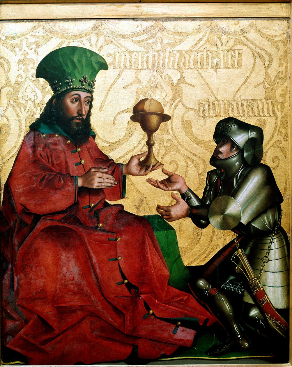 Abraham i Melchizedek Król Salemu Melchizedek (Melchizedek lub Melchizedek lub Melchizedek lub Melchizedek) ofiarowuje Abrahamowi, zwycięskiego w bitwie z Kedorlaomerem (Kedor Laomer), chleb i wino. Obraz Conrada Witza ( autorstwa Konrad Witz