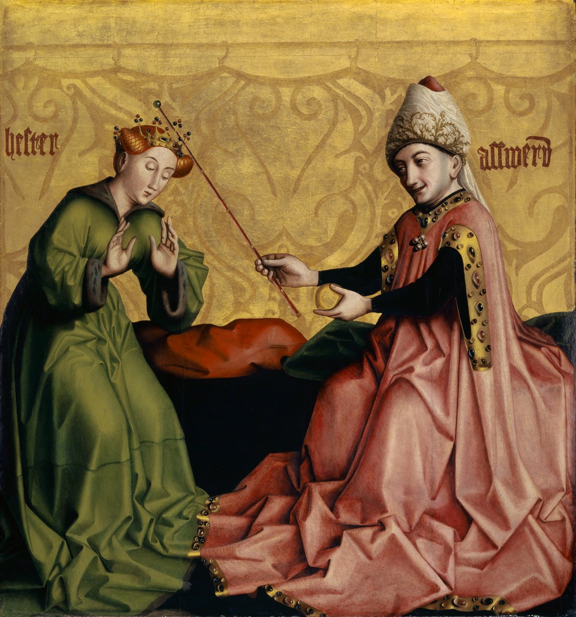 Estera przed Aswerusem z Ołtarza Heilspiegel, ok. 1435 (media mieszane na desce dębowej) autorstwa Konrad Witz