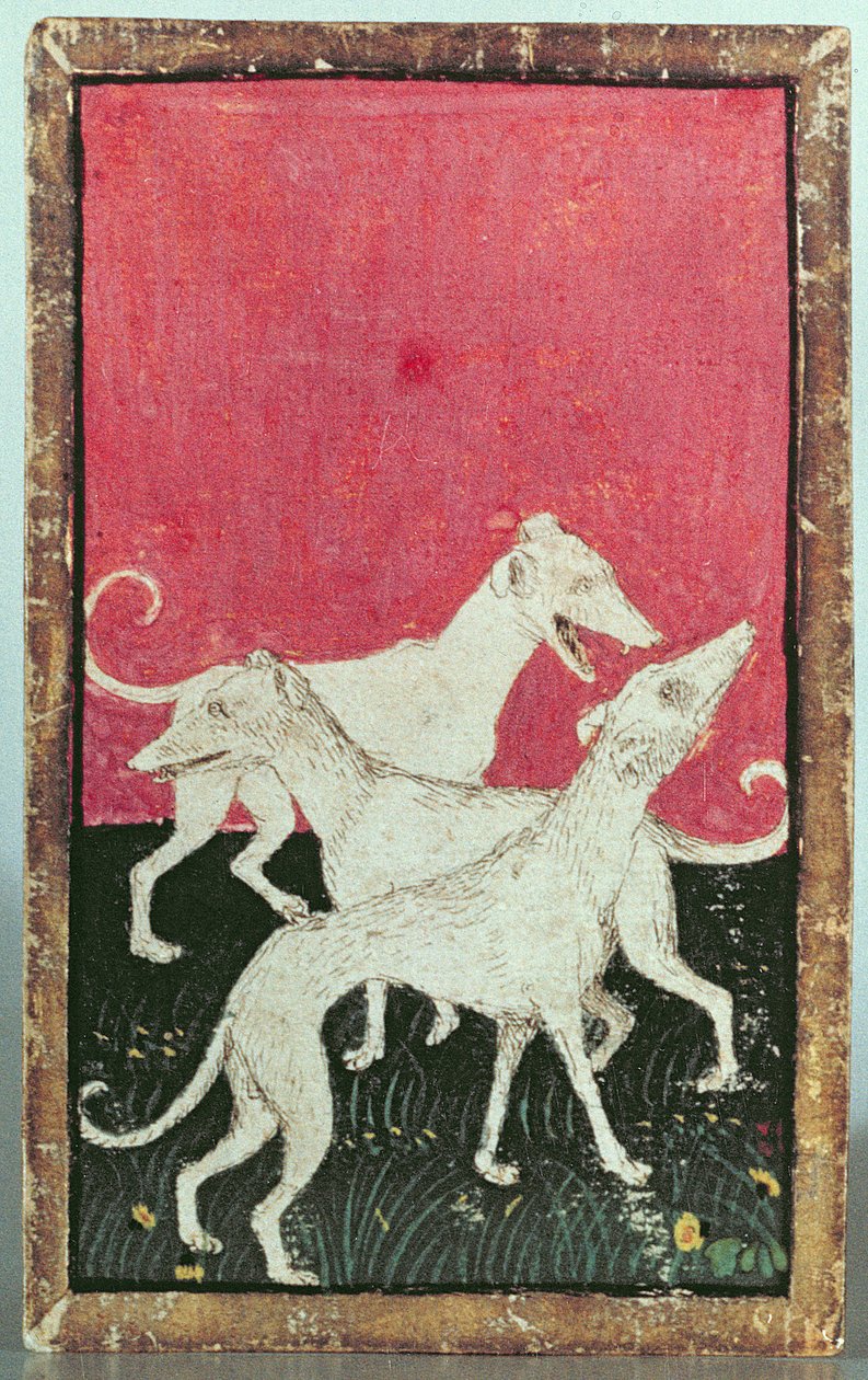 Trzy psy myśliwskie, jeden z zestawu kart do gry przedstawiających sceny dworskiego sokoła, Górna Nadreńska Are, ok. 1440-45 (pióro i atrament, wc) (zob. także 87698, 88300 i 88302-04) autorstwa Konrad Witz