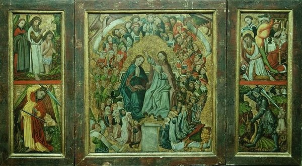 Koronacja Matki Boskiej; Chrzest Chrystusa; Śmierć św. Jana Chrzciciela; Św. Jerzy zabijający smoka (tryptyk) autorstwa Konrad von Friesach
