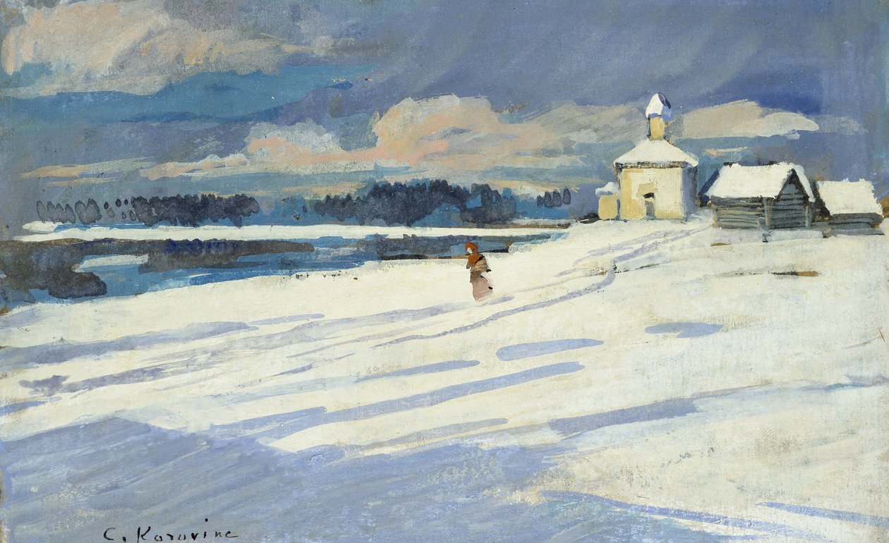 Pejzaż zimowy z małym kościołem (olej na płycie, oprawiony jako rysunek) autorstwa Konstantin Alekseevich Korovin