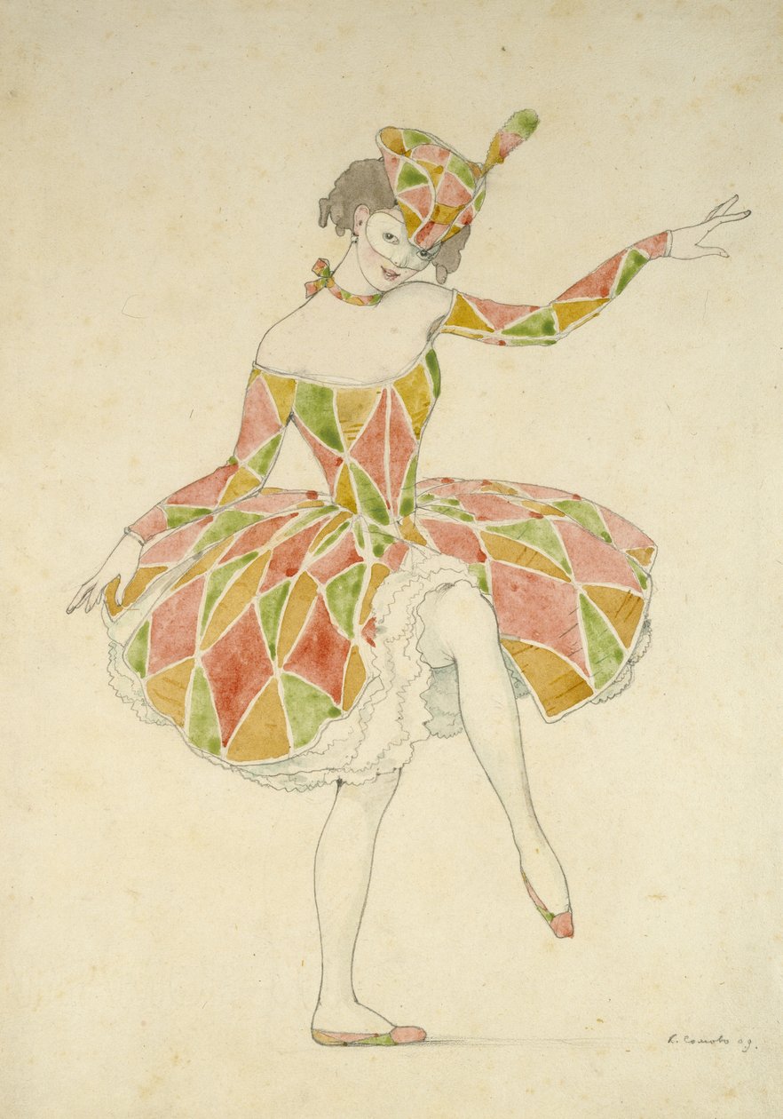Projekt kostiumu Anny Pawłowej jako Kolombiny w "Arlekinadzie", 1909 (grafit i akwarela na białym papierze) autorstwa Konstantin Andreevic Somov