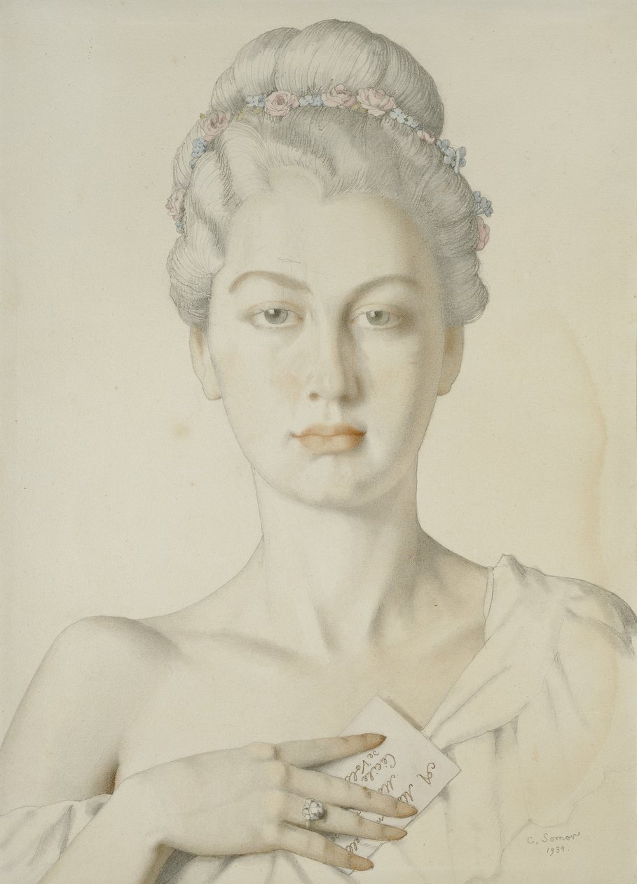 Wyimaginowany portret Cécile de Volanges w Choderlos de Laclos „Liaisons Dangereuses”, 1934 (grafitowo-czerwona kreda i akwarele z kikutem i śladami nakreślonej granicy w graficie na crea autorstwa Konstantin Andreevic Somov