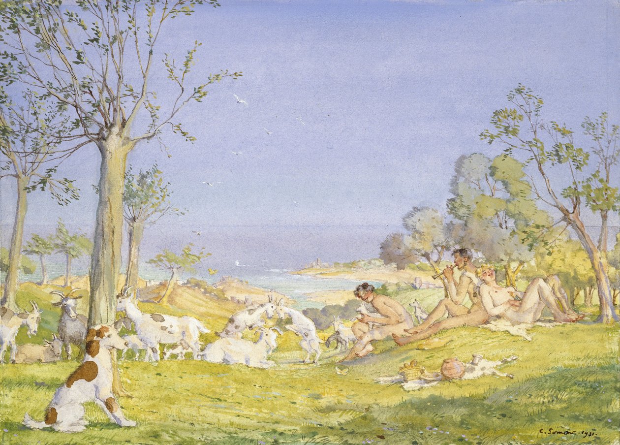 Pejzaż z pasterzami i kozami, 1931 (Barwa nad grafitem w wytyczonej granicy grafitem na białym papierze) autorstwa Konstantin Andreevic Somov