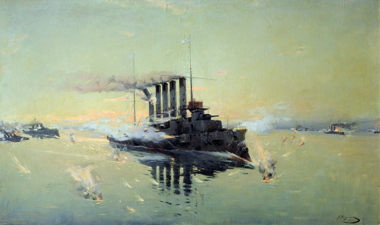 Krążownik Askold walczący 28 lipca 1904 na Morzu Żółtym, 1906 autorstwa Konstantin Veshchilov