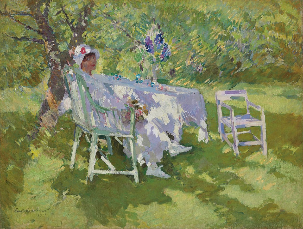 Dama w bieli siedząca w ogrodzie autorstwa Konstantin Alekseevich Korovin