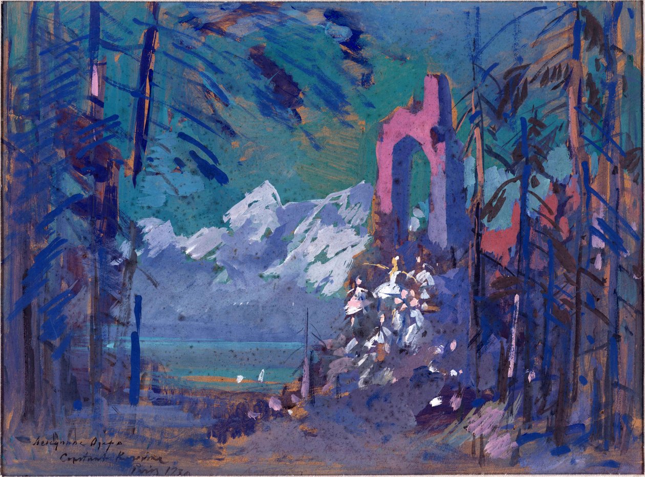 Dekoracja przygotowawcza do baletu „Jezioro łabędzie” autorstwa Piotra Czajkowskiego (1840-1893). Praca Konstantina Aleksiejewicza Korovina (Constantin Korovin) (1861-1939), akwarela na tekturze autorstwa Konstantin Alekseevich Korovin