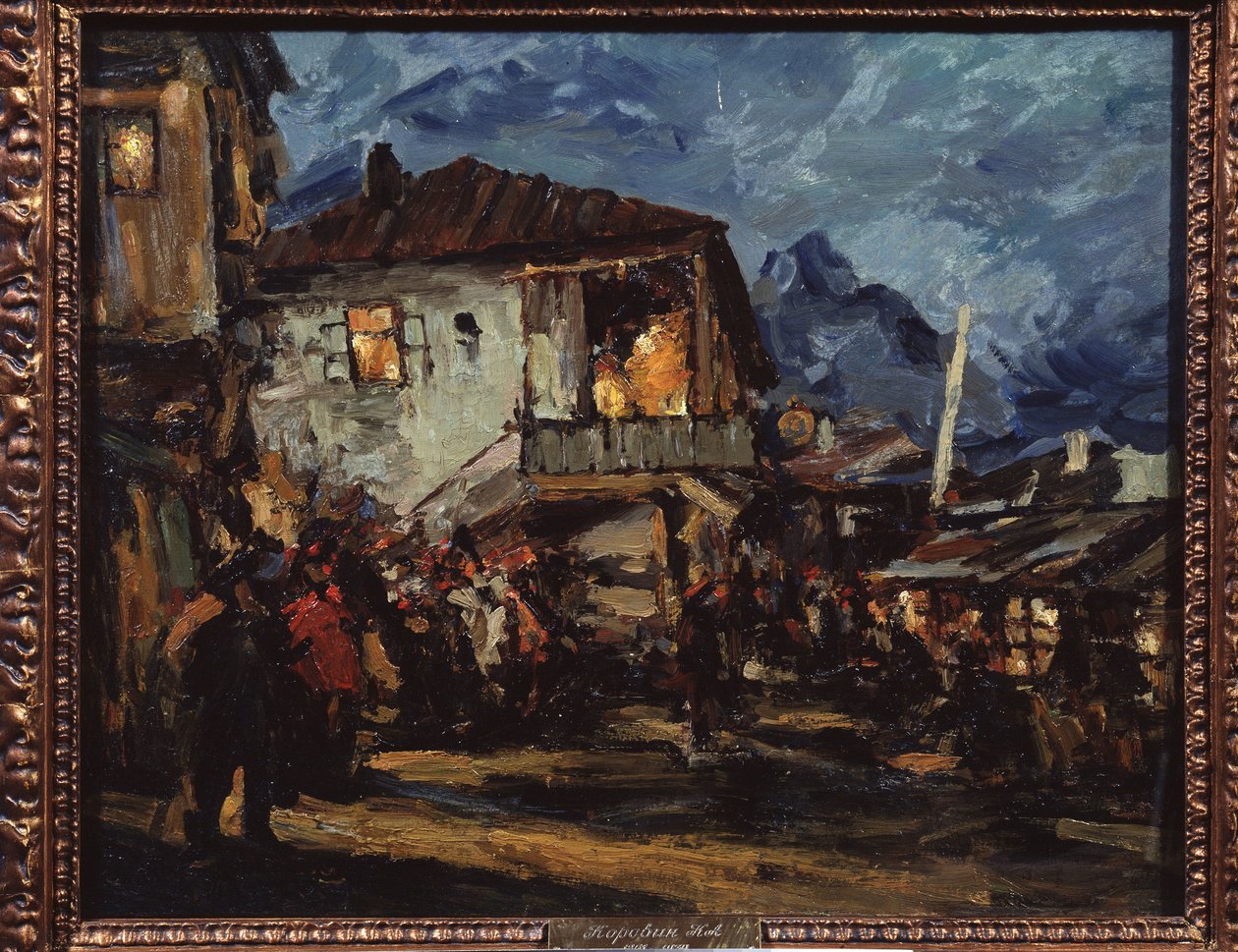 Gurzuf (Krym) (Gurzuf). Scena uliczna w wiosce portowej z drewnianymi domami. Obraz Konstantina Aleksiejewicza Korovina (Constantin Korovin) (1861-1939), olej na płótnie autorstwa Konstantin Alekseevich Korovin