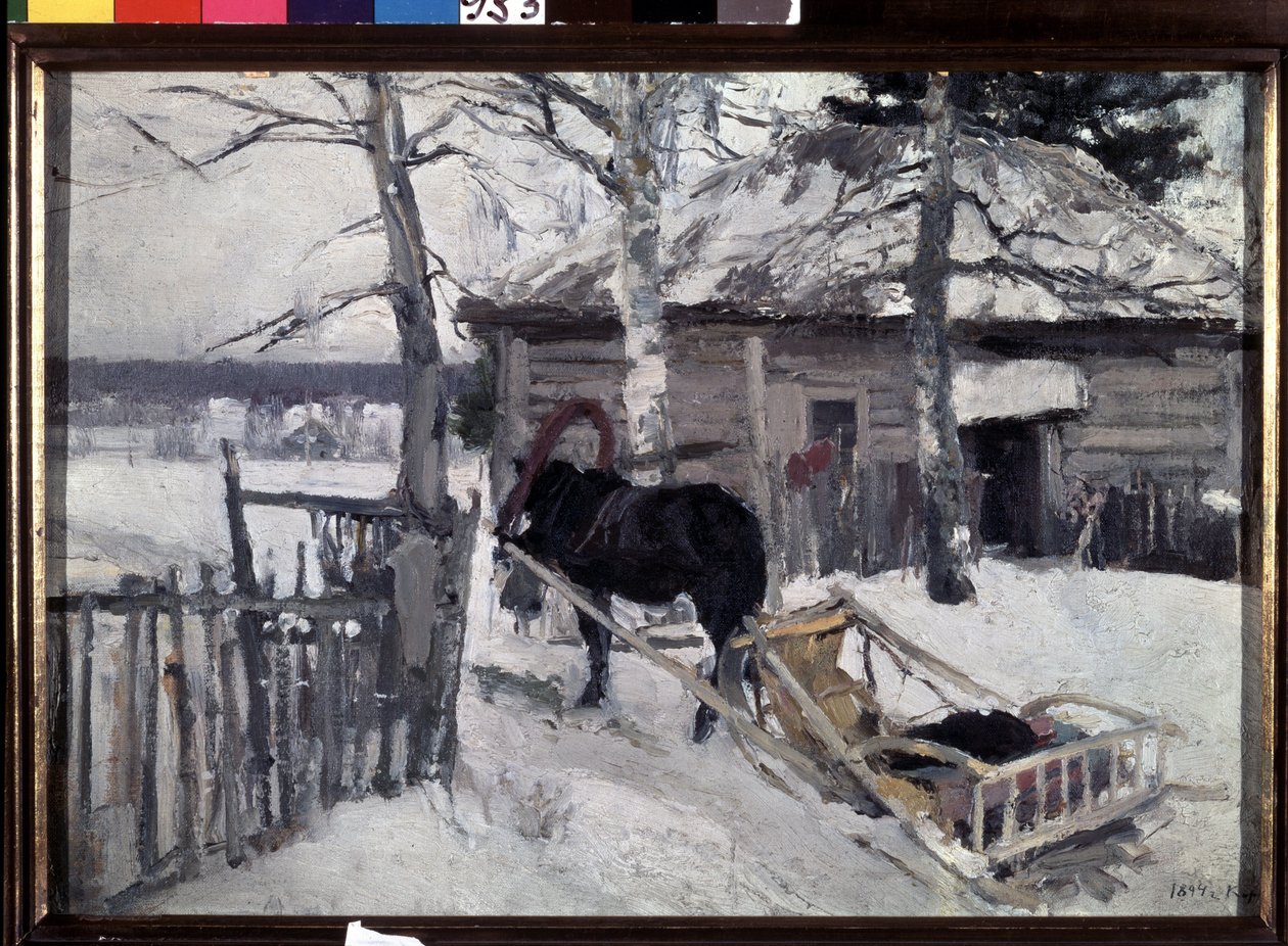 Zima (zima). Powóz konny na podwórzu drewnianego domu, na wsi, pod śniegiem. Obraz Konstantina Aleksiejewicza Korovina (Constantin Korovin) (1861-1939), olej na płótnie autorstwa Konstantin Alekseevich Korovin