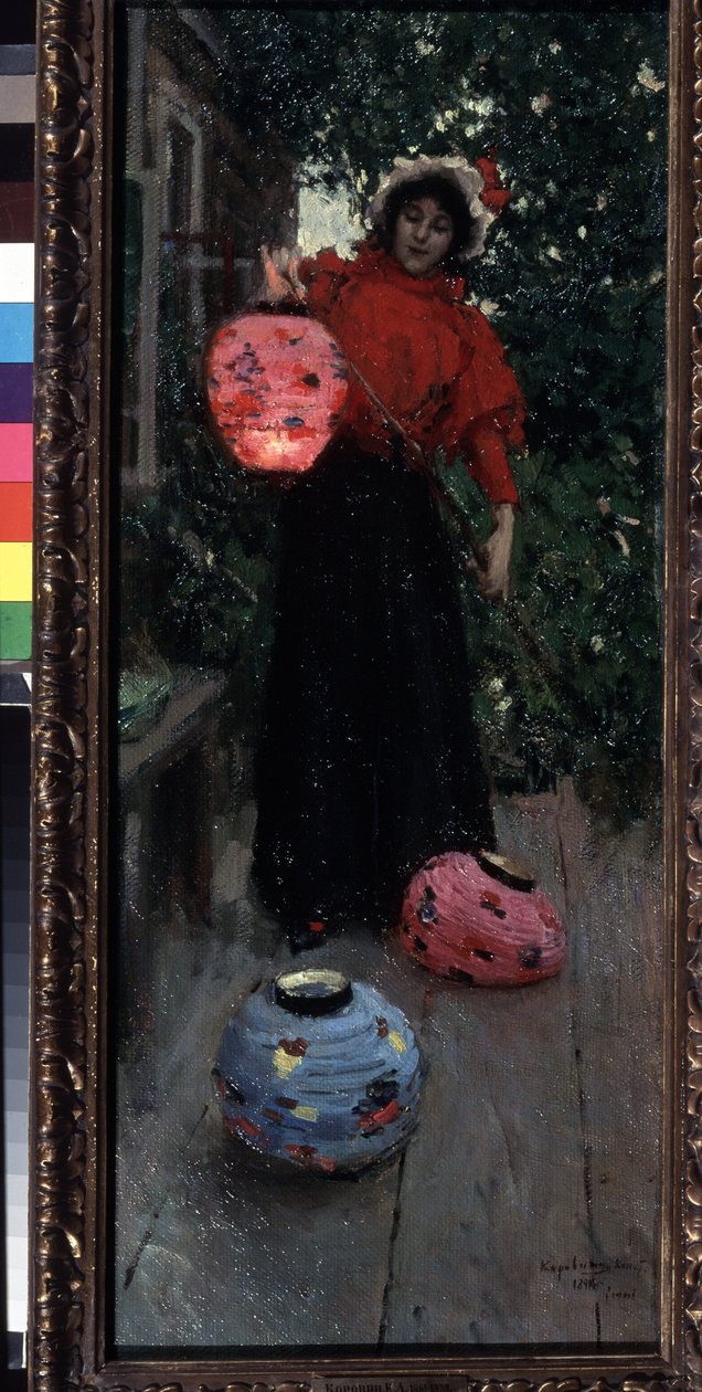 Chińskie latarnie (chińskie latarnie). Kobieta wieczorem zapala i instaluje papierowe lampiony (lampiony) na werandzie. Obraz Konstantina Aleksiejewicza Korovina (Constantin Korovin) (1861-1939), olej na płótnie autorstwa Konstantin Alekseevich Korovin
