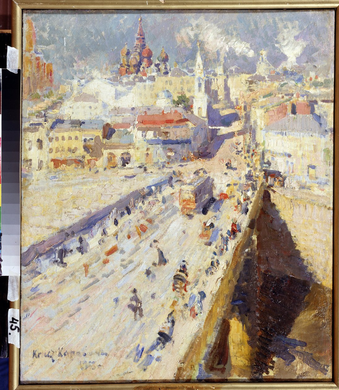 Stara Moskwa (Stara Moskwa). Widok na most prowadzący do miasta, z fasadami budynków i dachami kościołów, w oślepiającym słońcu. Obraz Konstantina Aleksiejewicza Korovina (Constantin Korovin) (1861-1939), olej na płótnie autorstwa Konstantin Alekseevich Korovin