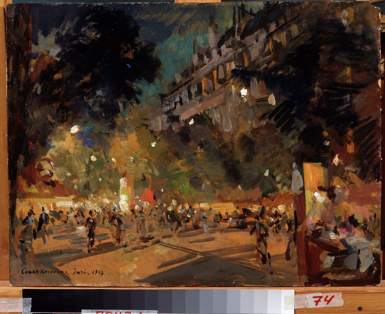 Paryż, Francja (Paryż). Opis Boulevard Montmartre i jego animacji w letni wieczór. Obraz Konstantina Aleksiejewicza Korovina (Constantin Korovin) (1861-1939), olej na płótnie autorstwa Konstantin Alekseevich Korovin