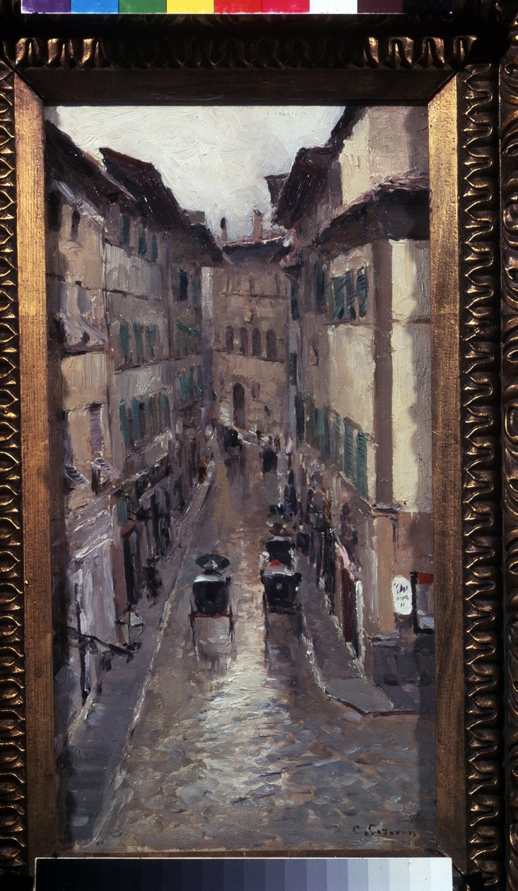 Deszcz we Florencji (Deszcz we Florencji). Opis ulicy w średniowiecznym centrum Toskanii (Włochy). Obraz Konstantina Aleksiejewicza Korovina (Constantin Korovin) (1861-1939), olej na płótnie autorstwa Konstantin Alekseevich Korovin