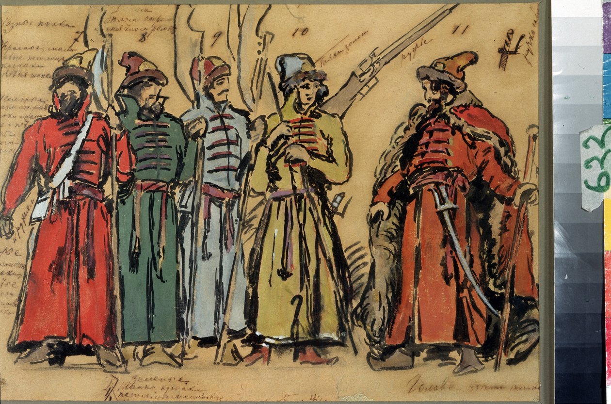 Projekt kostiumów do opery Khovanshchina lub książąt Khovansky Modeste Musorgskiego (1839-1881) (projekt kostiumów do opery Khovanshchina M. Musorgskiego). Praca Konstantina Aleksiejewicza Korovina (Constantin Korovin) (1861-1939), akwarela, przejdź autorstwa Konstantin Alekseevich Korovin