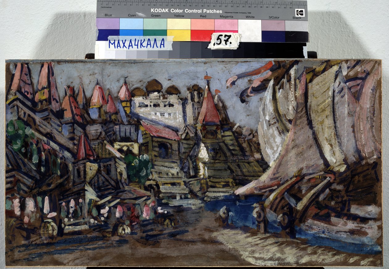 Scenografia do Opery Sadko autorstwa Mikołaja (Nikołaja) Rimskiego Korsakowa (Rimski-Korsakow) (1844-1908) (Scenografia do Opery Sadko autorstwa N. Rimskiego Korsakowa (Rimski-Korsakow). Opis miasta i drewnianej zabudowy dobudowanej nabrzeże, gdzie jestem autorstwa Konstantin Alekseevich Korovin