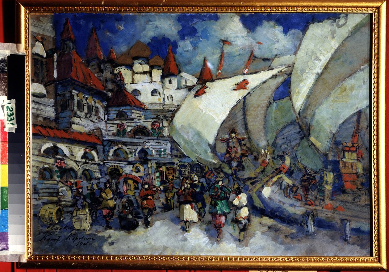 Scenografia do Opery Sadko autorstwa Mikołaja (Nikołaja) Rimskiego Korsakowa (Rimski-Korsakow) (1844-1908) (Scenografia do Opery Sadko autorstwa N. Rimskiego Korsakowa (Rimski-Korsakow). Opis miasta i drewnianej zabudowy dobudowanej animowane nabrzeże lub autorstwa Konstantin Alekseevich Korovin