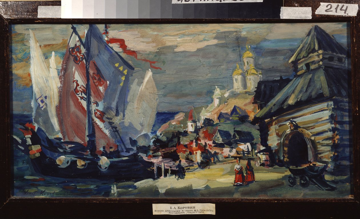 Projekt scenografii do opery Sadko Mikołaja (Nikołaja) Rimskiego Korsakowa (Rimski-Korsakow) (1844-1908) (Scenografia do opery Sadko N. Rimskiego-Korsakowa (Rimski Korsakow). Żaglowiec na nabrzeżu miasta z drewnianymi budynkami. autorstwa Konstantin Alekseevich Korovin