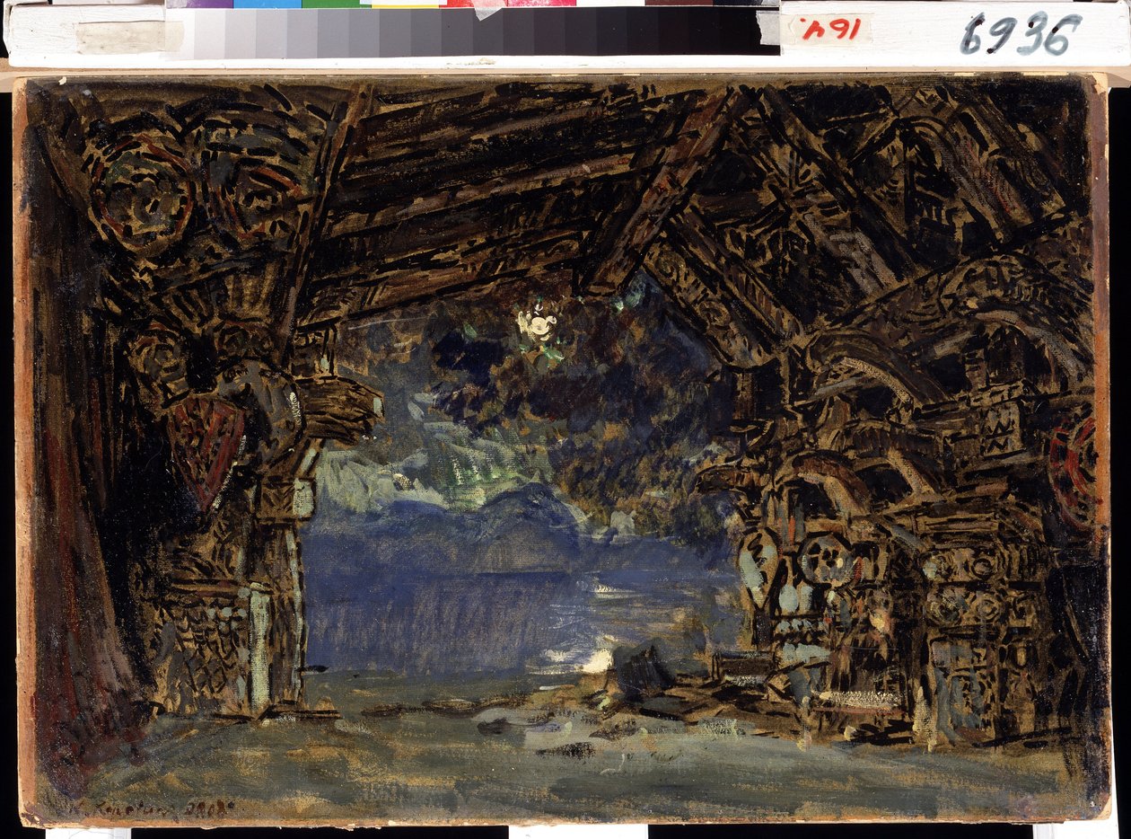 Scenografia do opery Zmierzch bogów Ryszarda Wagnera. (Scenografia do opery Zmierzch bogów R. Wagnera). Praca Konstantina Aleksiejewicza Korowina (Constantin Korovin) (1861-1939), tempera na tekturze autorstwa Konstantin Alekseevich Korovin