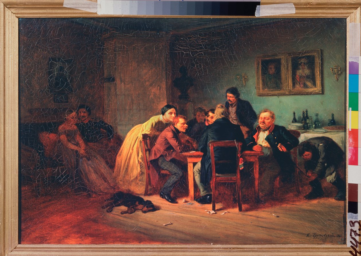 Gra w karty - Późny wieczór w mieszczańskim wnętrzu - Obraz Konstantina Aleksandrowicza Trutowskiego (Troutovsky) (1826-1893), olej na płótnie autorstwa Konstantin Alexandrovich Trutovsky