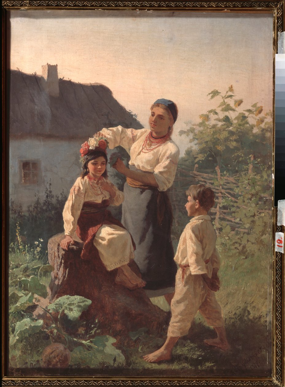 Wiązanie girlandy - obraz Konstantina Aleksandrowicza Trutowskiego (Troutovsky) (1826-1893), olej na płótnie autorstwa Konstantin Alexandrovich Trutovsky