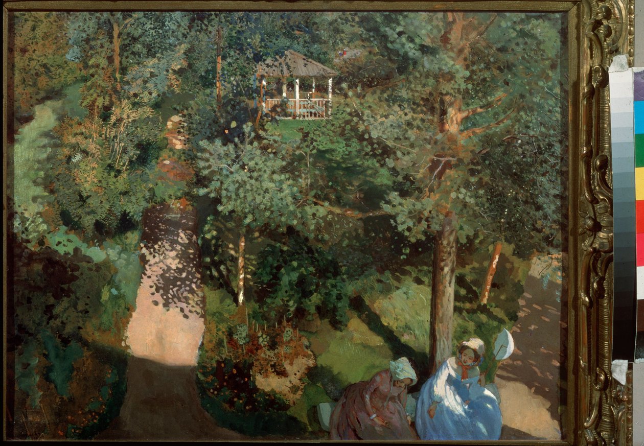 Zaufania. (Dwie kobiety na ławce, w parku z drzewami.) Obraz Konstantina (Constantina) Andreyevicha Somova (1869-1939), olej na tekturze autorstwa Konstantin Andreevic Somov