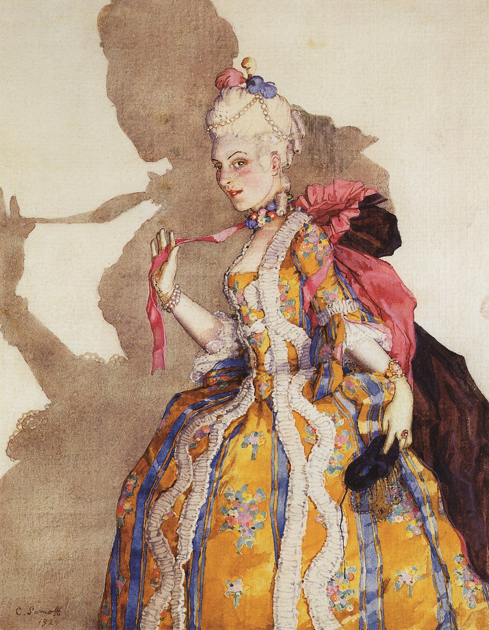 Costume pour marquise, interpretee par Tamara Karsavina (1885-1978) - Projekt kostiumów dla Tamary Karsaviny jako markizy. Muzyka Mozarta - Konstantin Andreyevich Somov (1869-1939). Akwarela, gwasz na papierze autorstwa Konstantin Andreevic Somov
